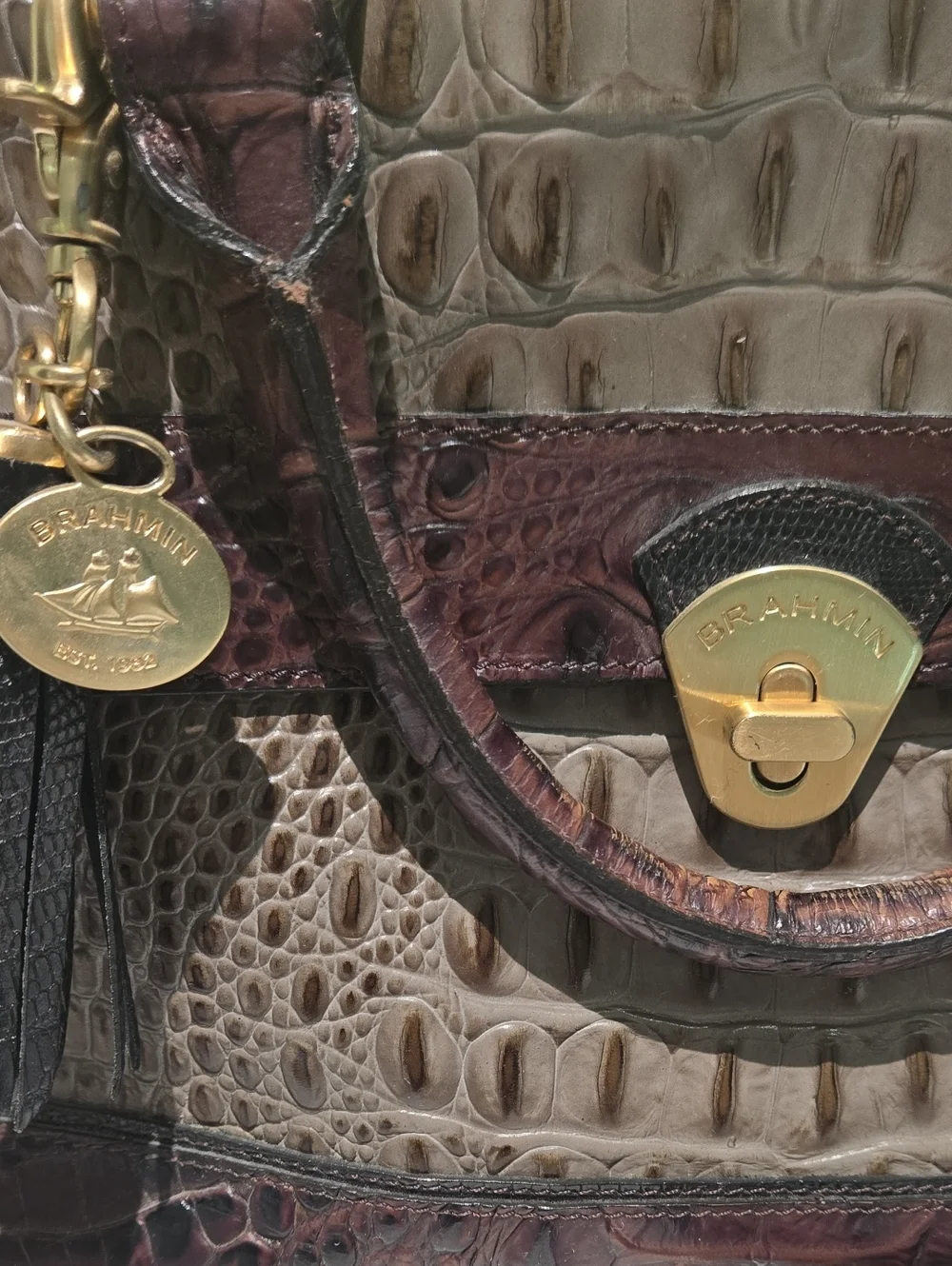 Brahmin Croc-Embossed Satchel in Dark Brown and Black